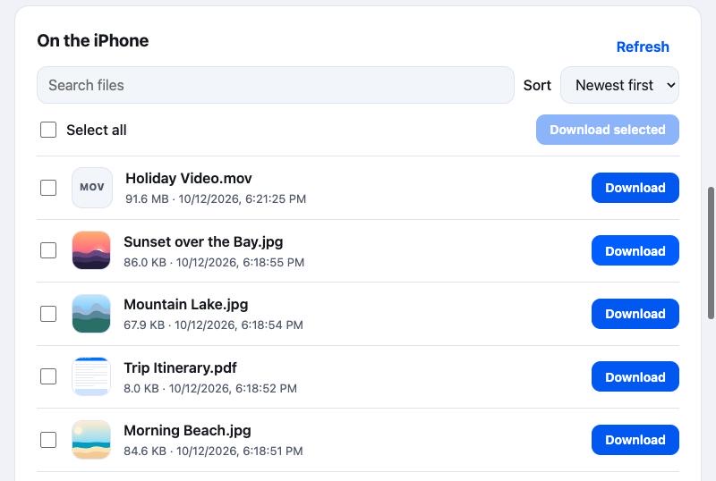The browser page listing files on the iPhone, each with a Download button