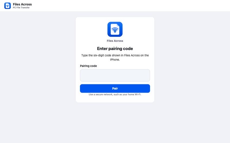 The Files Across pairing page in a desktop browser asking for the six-digit code