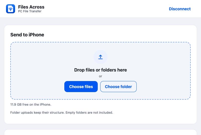 The Files Across browser page with a drop zone to send files and folders to the iPhone