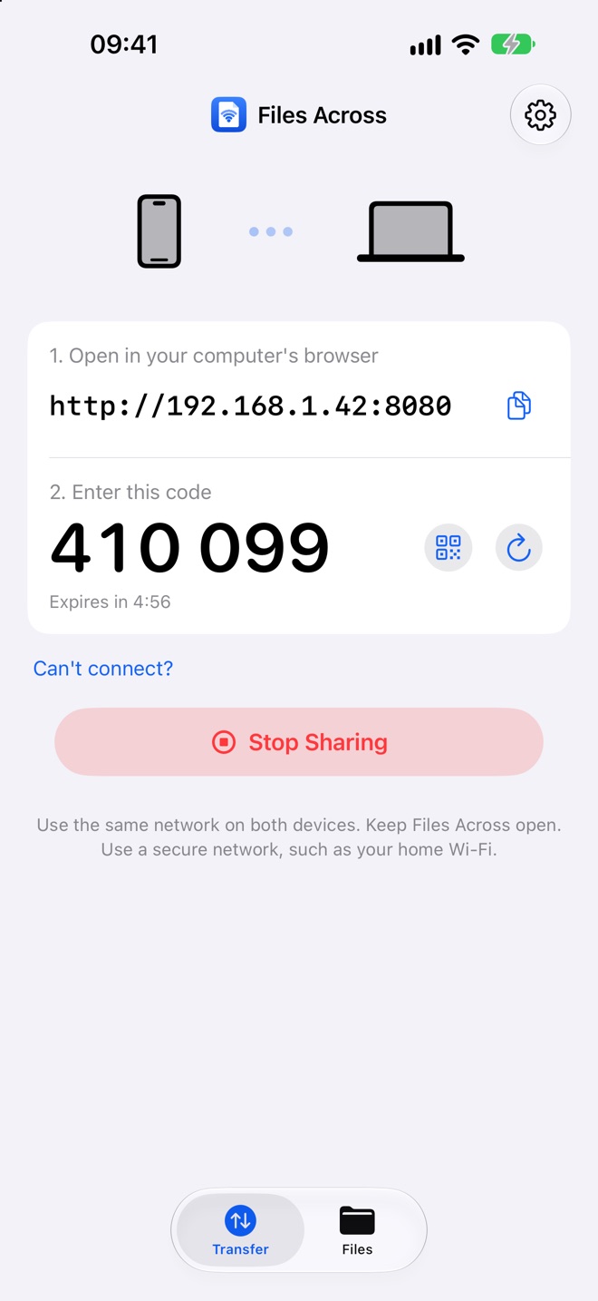 Files Across on iPhone showing the address to open in the computer's browser and a six-digit pairing code